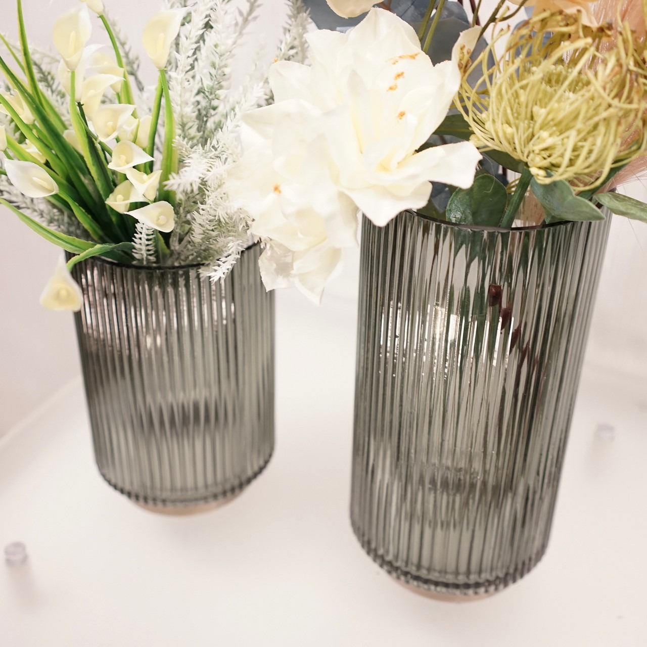 輸入品 フラワーベース 2個セット ガラス 造花付き 花瓶 オブジェ インテリア 雑貨 小物 北欧 モダン