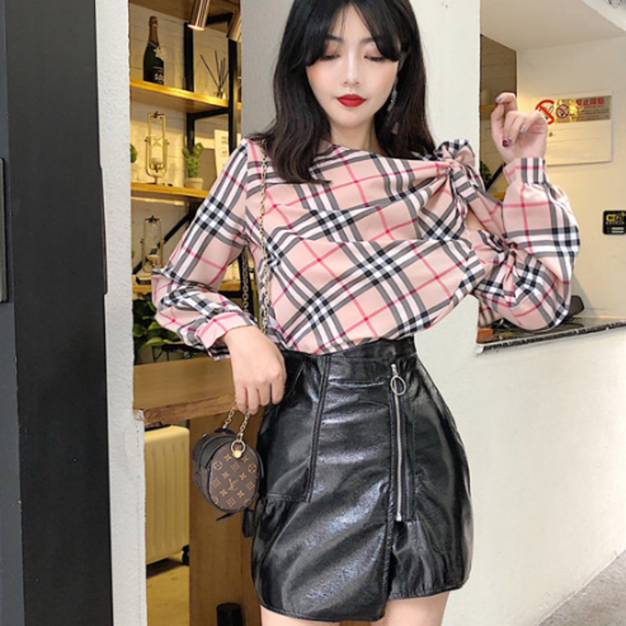 大柄バーバリーチェックシャツ でかリボンアシンメトリショルダー 長袖  