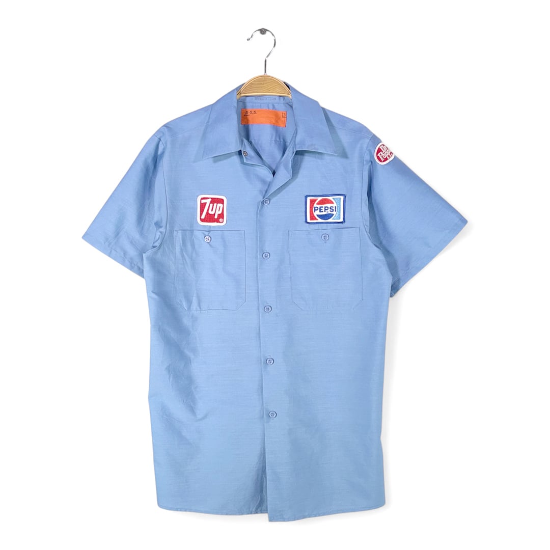 80s ドリンク配達員 ヴィンテージワークシャツ セブンアップ ペプシ ドクターペッパー ワッペン 半袖シャツ メンズS 古着 @CB1328