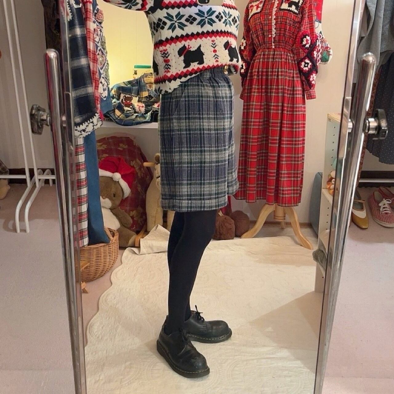 gold button blue check pants