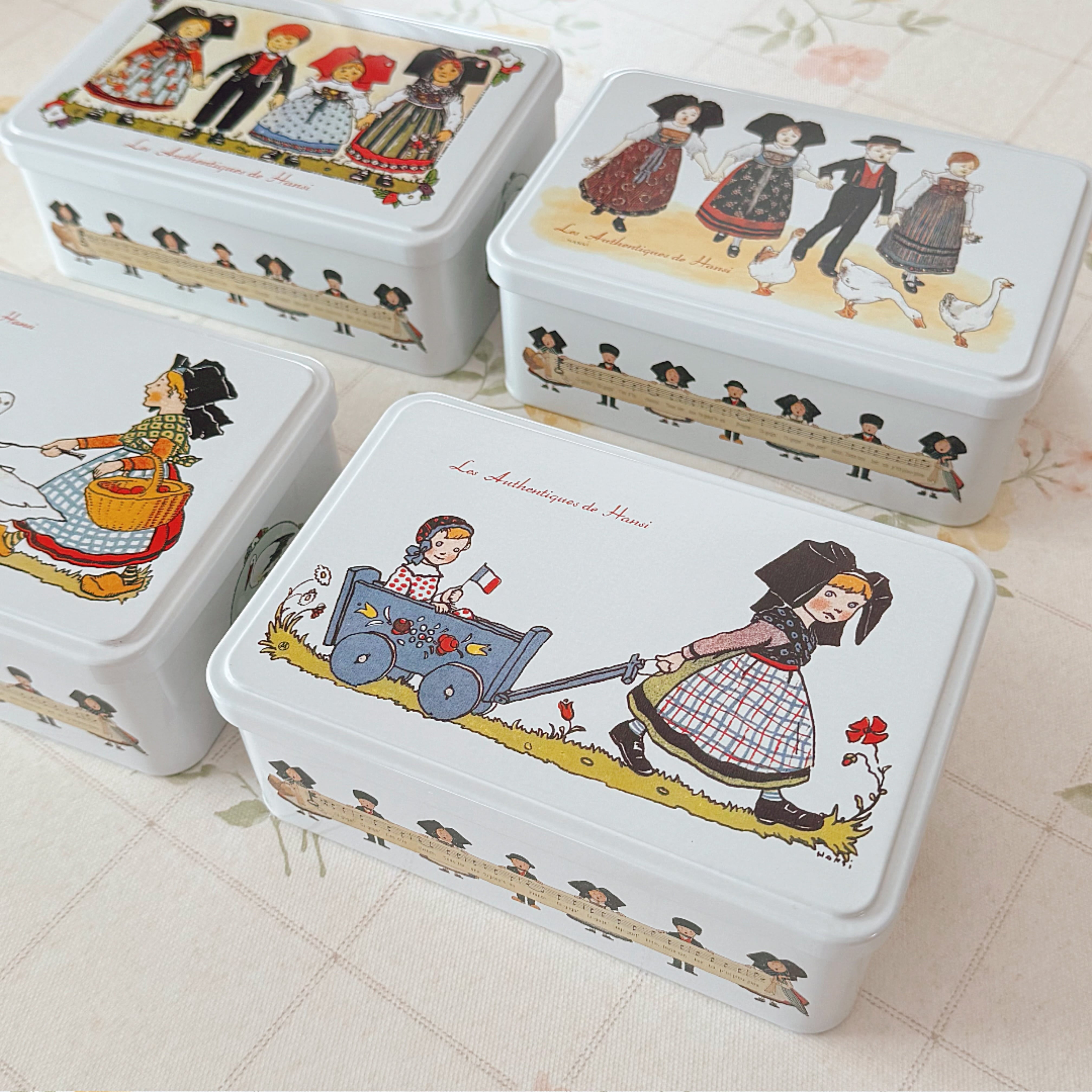 フランスの絵本みたいなTIN缶 長方形 全4種☆Hansi アルザス ブリキ缶