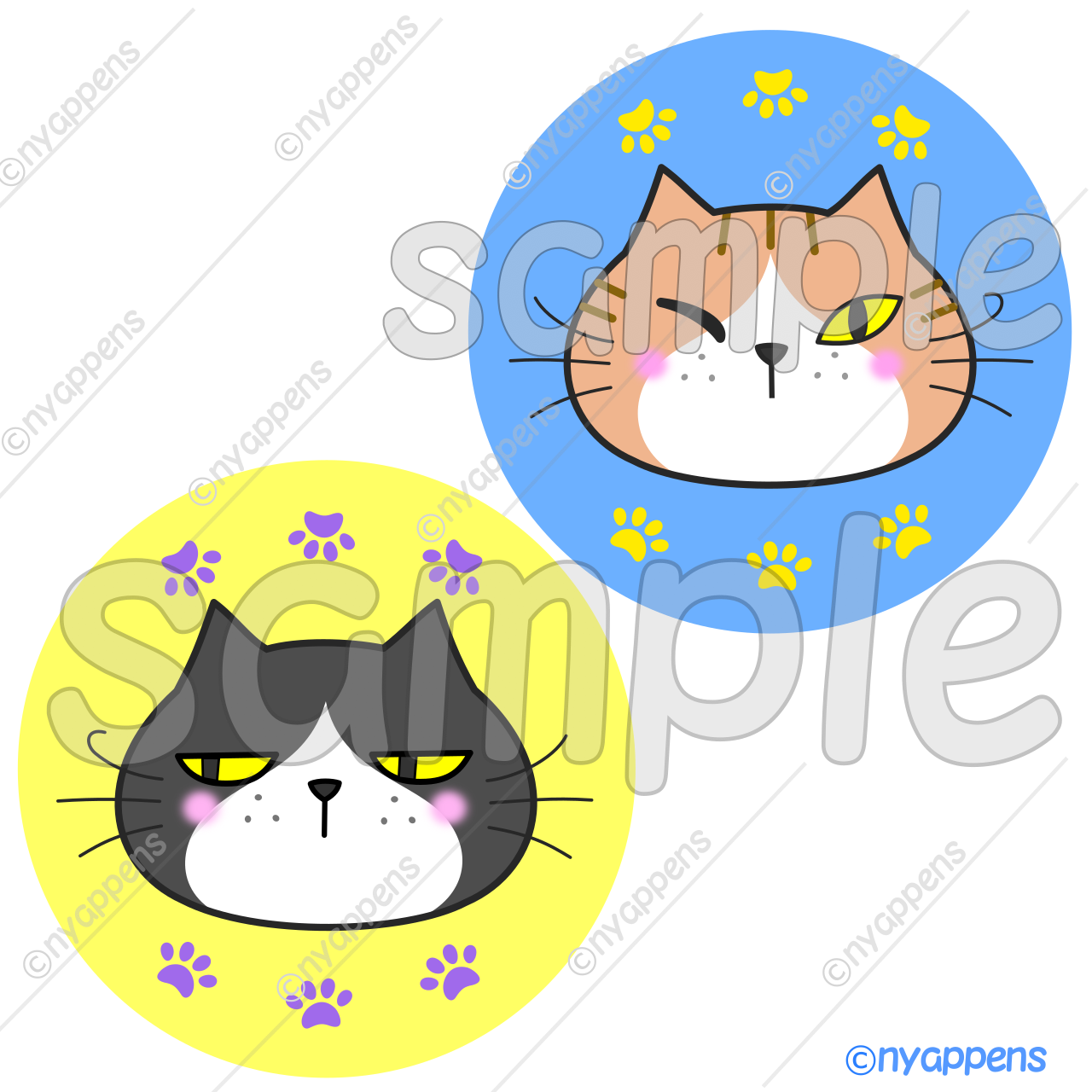 【商用利用OK】猫イラスト(ヒゲまる/全20種類セット)シールやアイコン、素材に!