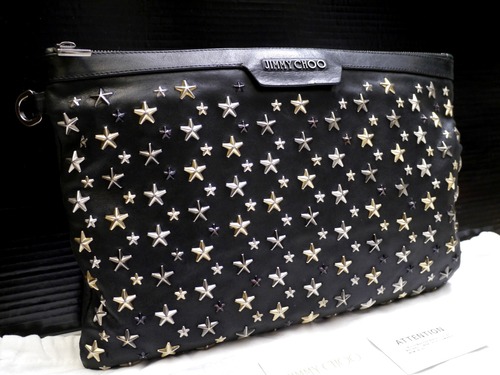 ★JIMMY CHOO ジミーチュウ DEREK デレク A4対応 マルチスタッズ クラッチ バッグ ドキュメントケース 黒★ 使い勝手の良い大きめサイズ♪