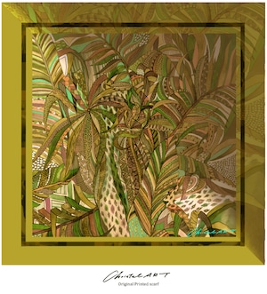 シルクスカーフ「ジャングルの中のチーター 」(マスタード) 50cm角