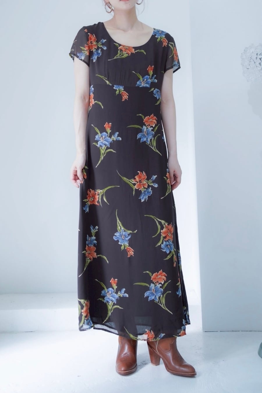 brown flower long dress