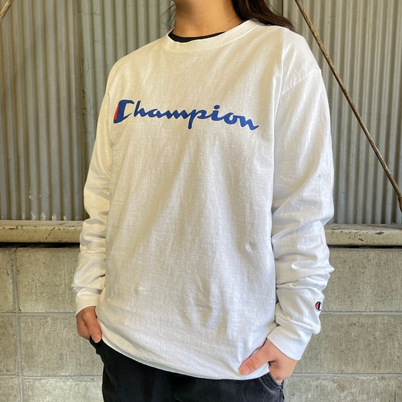 Champion チャンピオン フロントロゴ プリント ロングTシャツ メンズM 