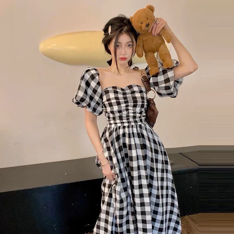 チェック柄 ロングワンピース pa・se・ri / ブーケ刺繍チェック柄