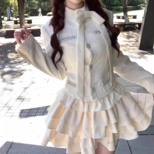 【2点セット】リボンスタンドカラージャケット＋ティアードフリルミニスカ ・73200