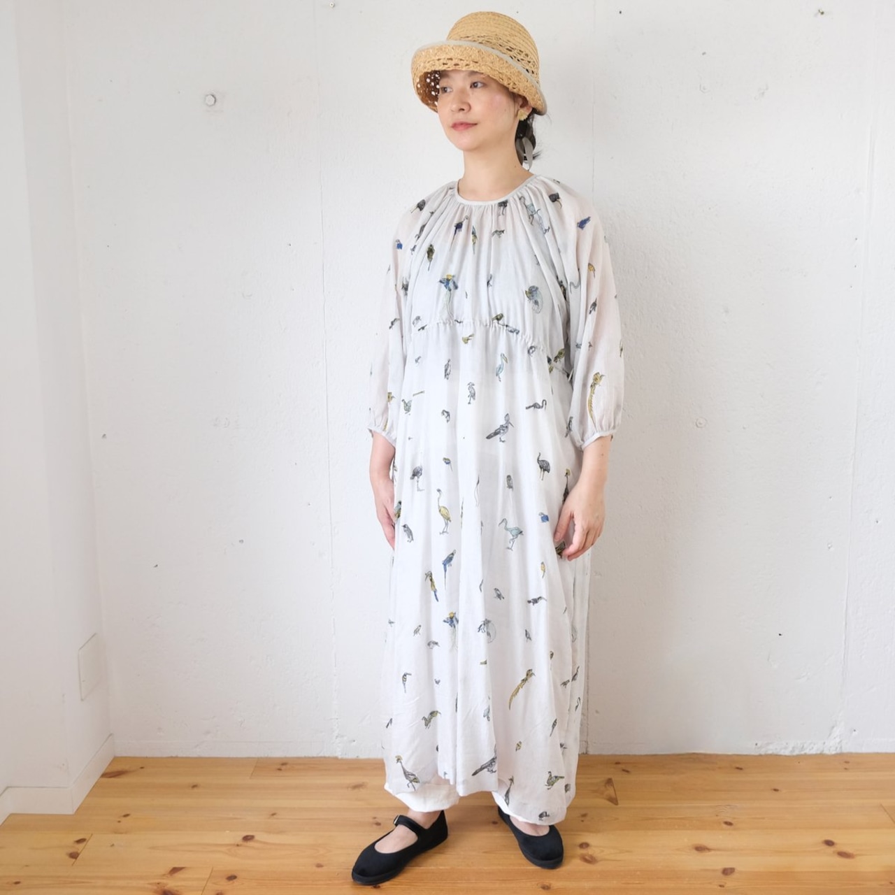 BUNON(ブノン) Birds Back Button Dress 鳥柄プリント シルクコットンワンピース