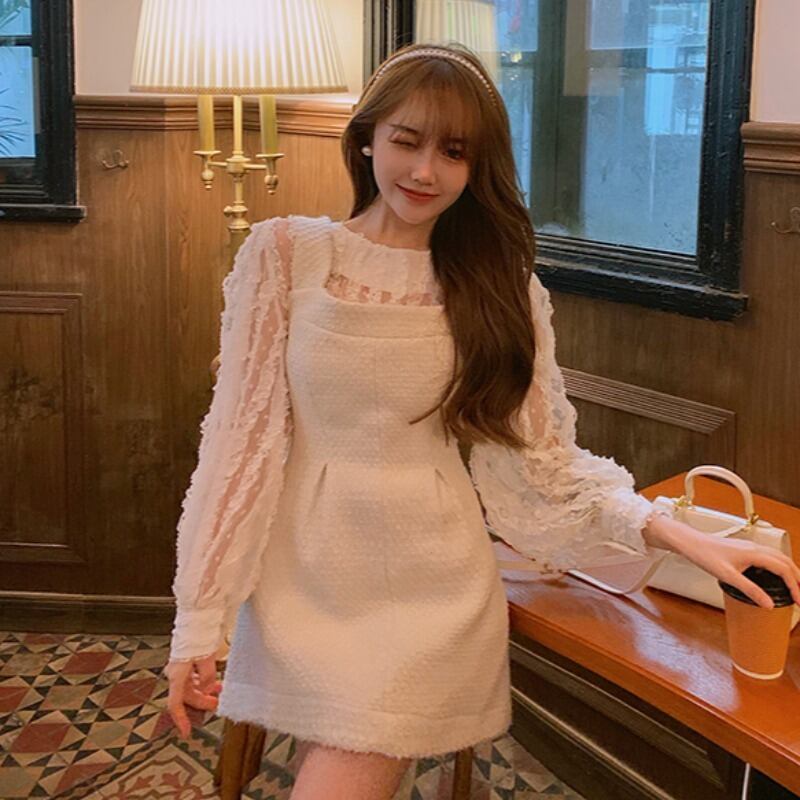 オータムウィンターレースブラウス ソリッド カラードレス ロング 秋物 冬物 ソリッドカラー YY-ファッション50054175988