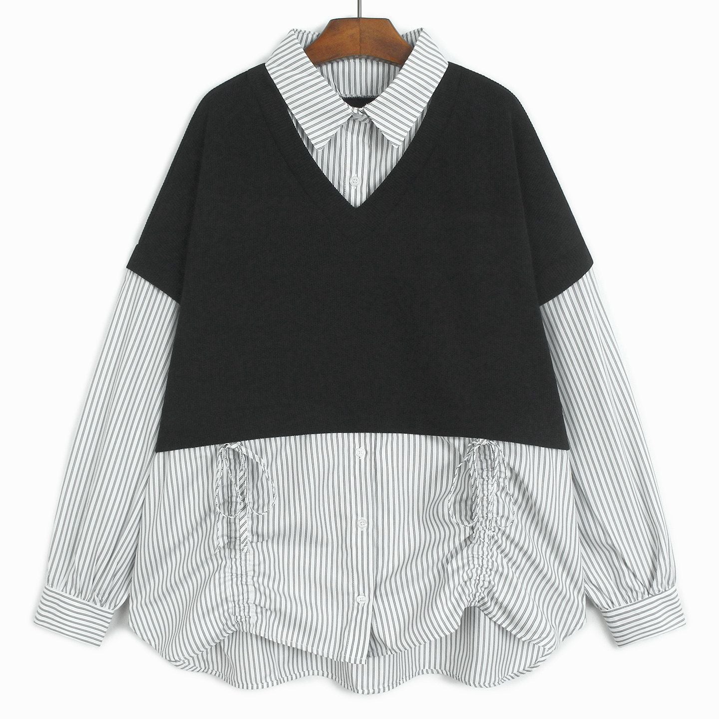 STRIPED DRAWSTRING FAUX LAYERED VEST SHIRT M-18498
