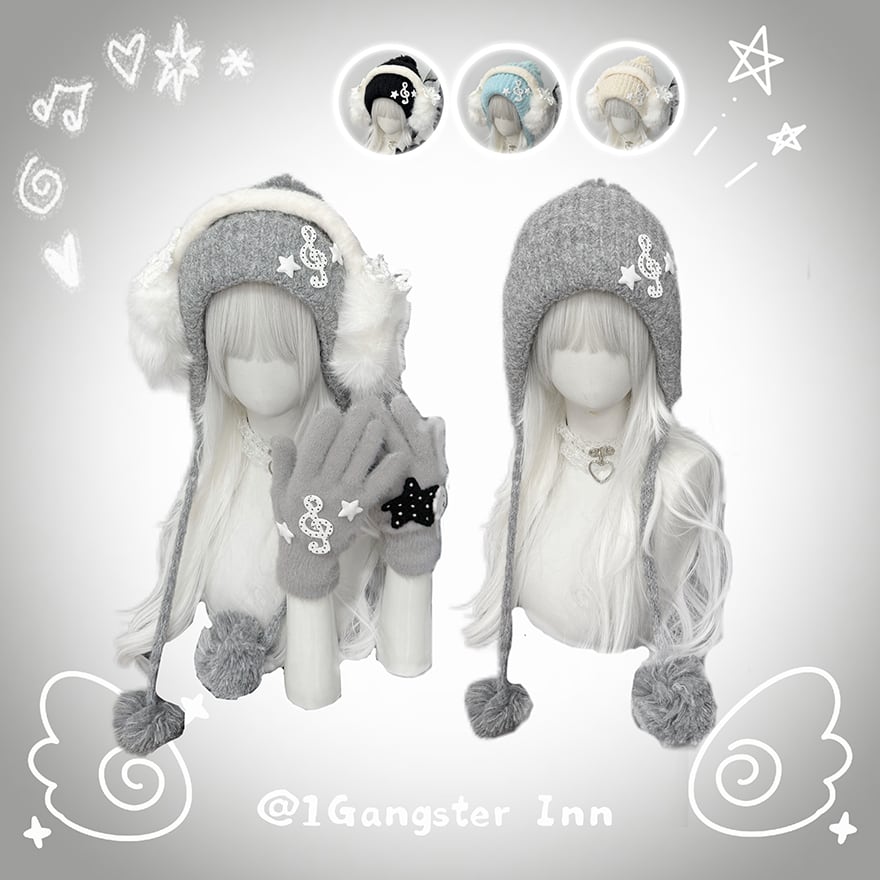 地雷系 プラッシュハット 音符 ニット帽子