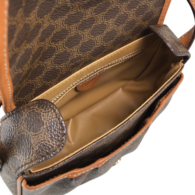 CELINE セリーヌ マカダム ショルダーバッグ ブラウン ブラゾン型押し フロントバックル PVC レザー ミニバッグ vintage ヴィンテージ オールド zzu5ya