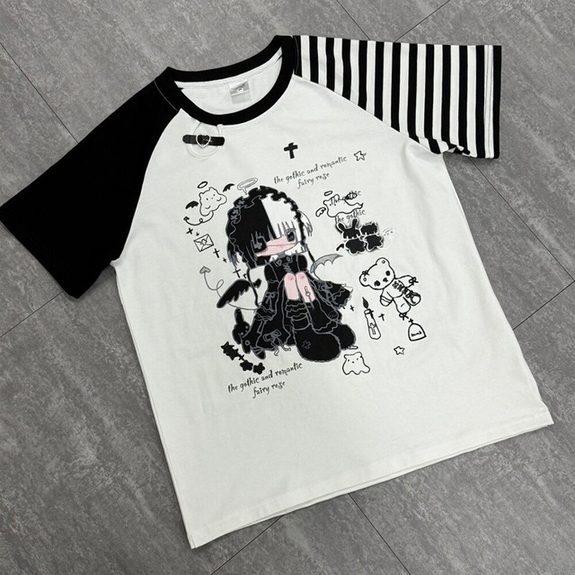 メンヘラ・ぴえん系 ラグランＴシャツ 病みかわ イラスト風