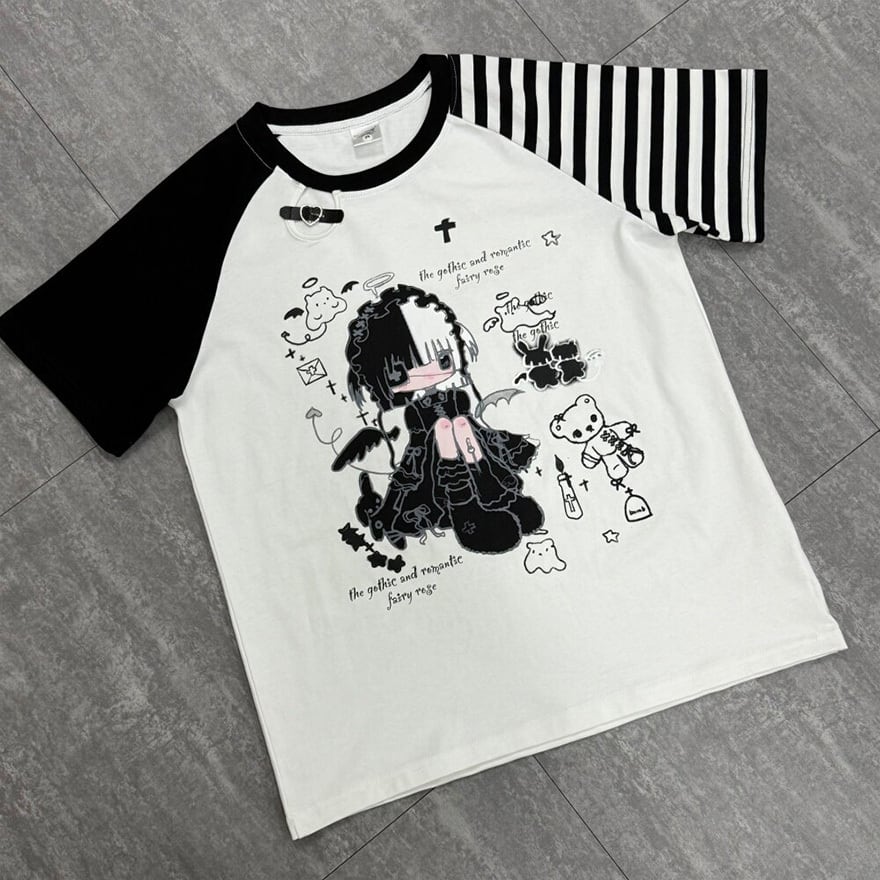 メンヘラ・ぴえん系 ラグランTシャツ 病みかわ イラスト風