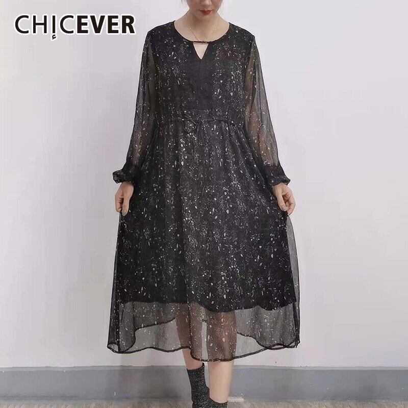 CHICEVERプリントドレスレディーススタンドカラーランタン長袖ヒットカラーレースアップ膝丈シャツドレス2021 ロング 6base594601751099