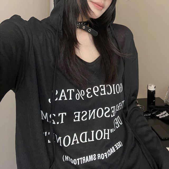 english print see-through hooded long tee　英字プリントシースルーフード付きロングティー　J0733