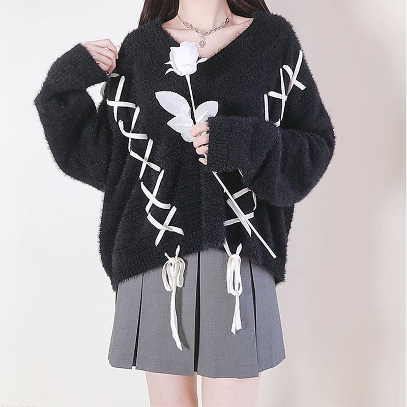 セミロリ 編み上げセーター V字ネック JKファッション Catwish 秋冬