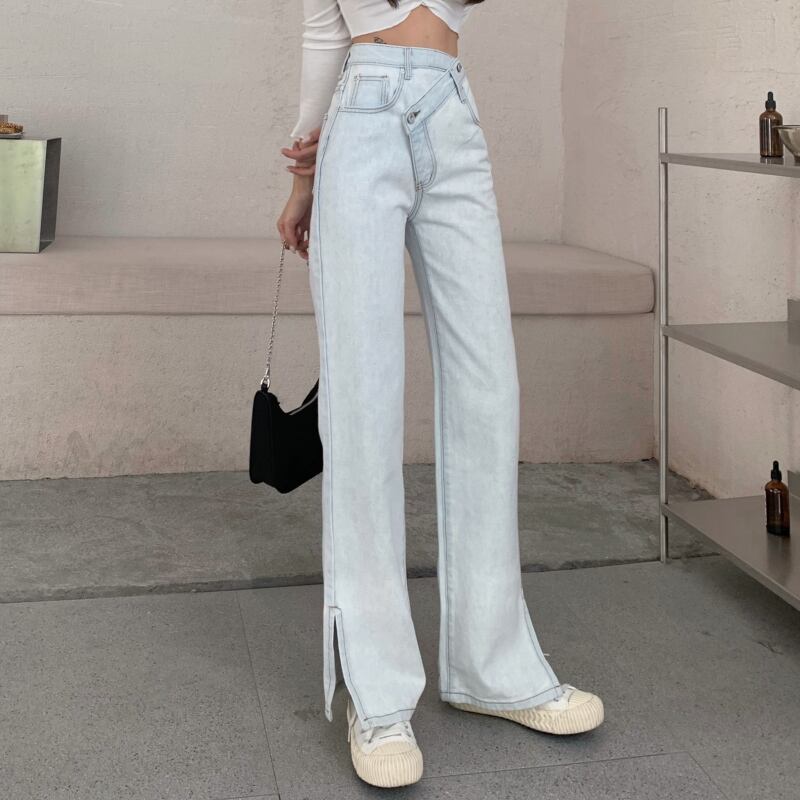 不規則なレトロスリットハイウエストジーンズ女性の2020年秋ニュースタイルパンツルーズストレートワイドレッグパンツ ブラックストロベリース60044797959