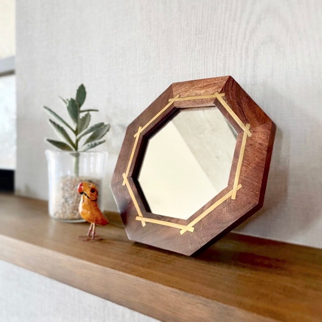 【 完売 】ウッド＆ブラスミラー オクタゴン｜木製 八角形 真鍮 異素材ミックス アフリカン