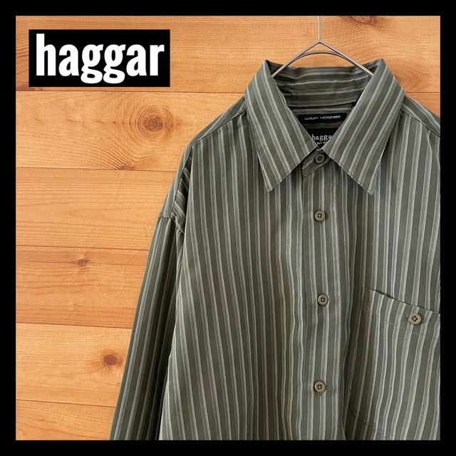 【haggar】ストライプシャツ ポリシャツ 柄シャツ 長袖 アースカラー オーバーサイズ アメリカ古着