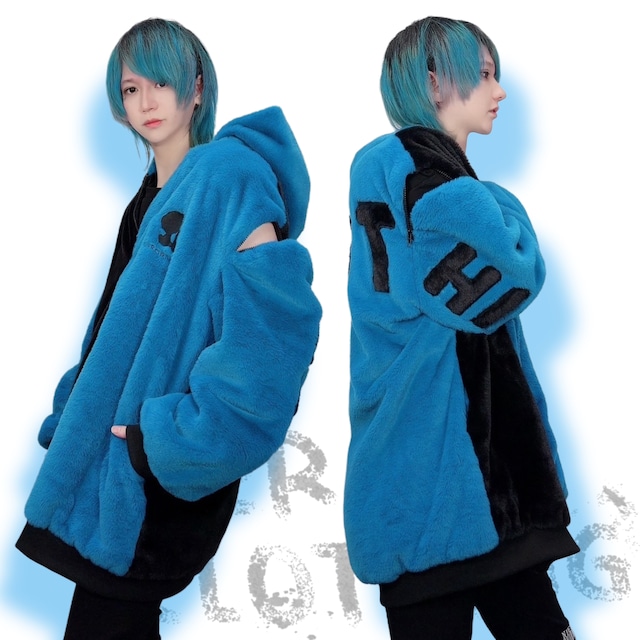 超ふわもこ2WAY OFF-SHOULDER TWO-TONE OUTER【BLUE×BLACK】