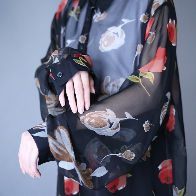 flower art pattern loose black see-through shirt