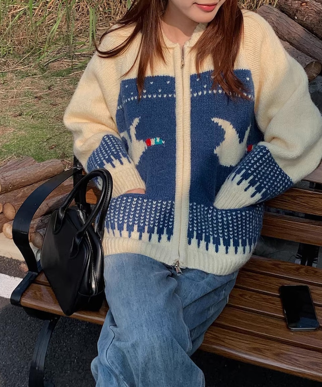 スワンジャカードジップニットカーディガン Q0514