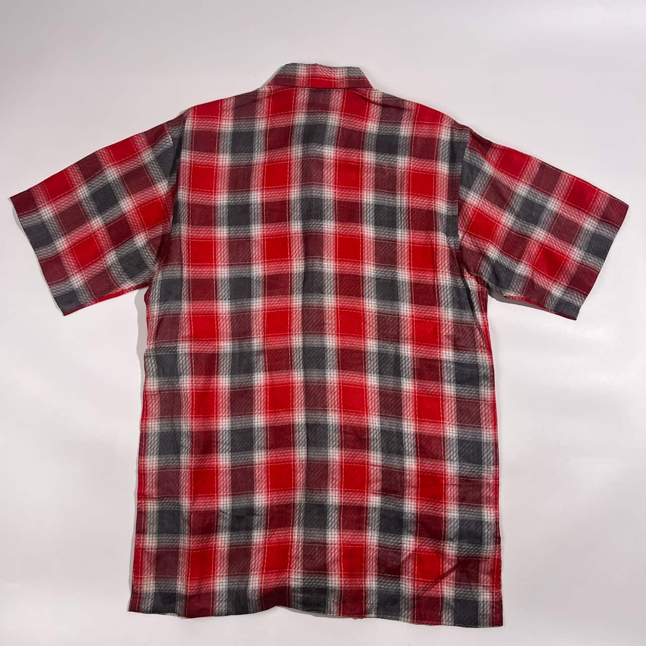 リネン100% SOZI ソジ チェック 半袖 シャツ サイズ M /レッド×グレー系 メンズ