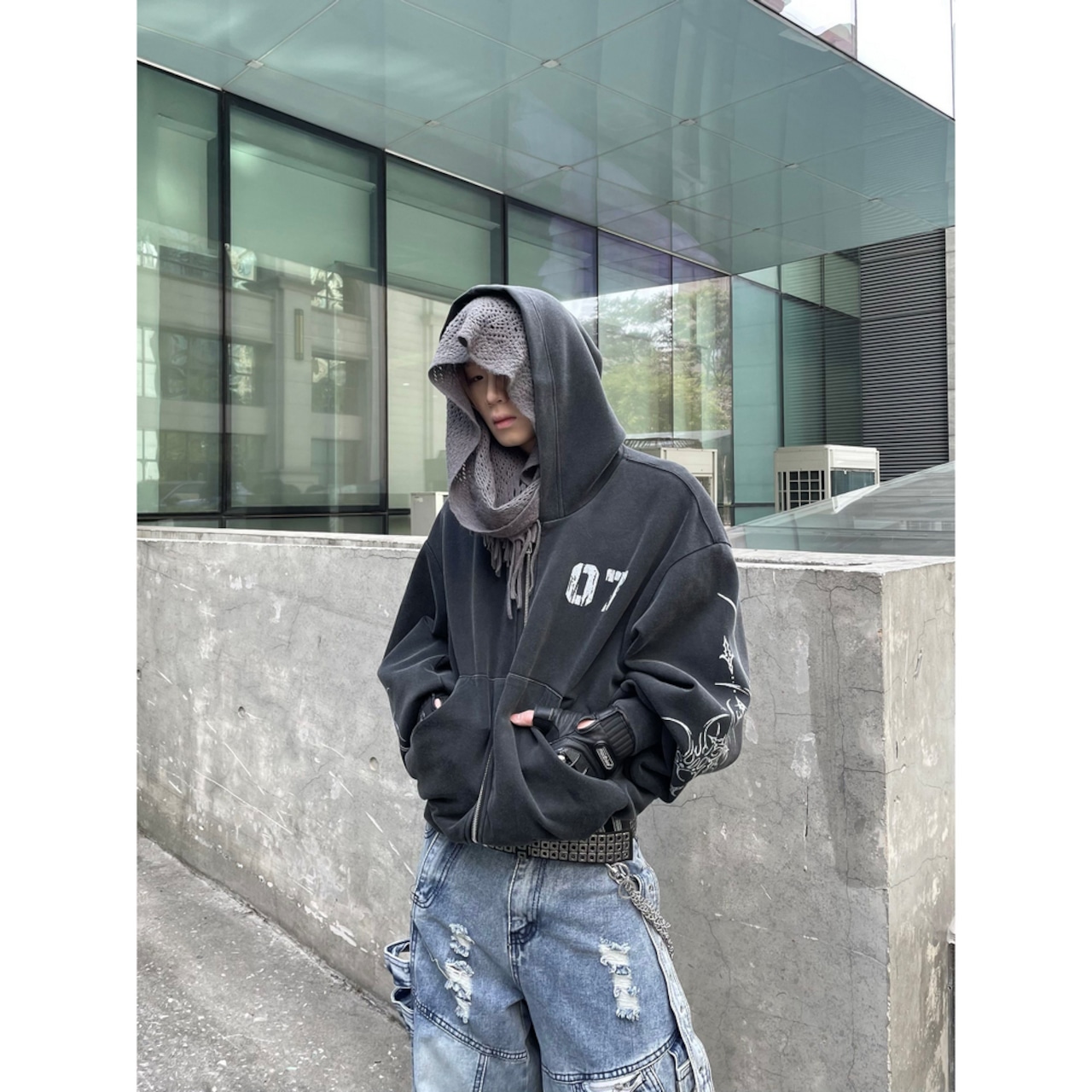 VINTAGE ウォッシュ加工 手描きセットアップ ジップパーカー T1803