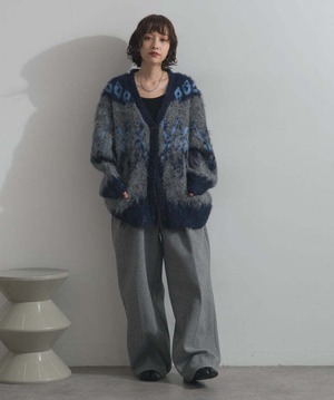 HD2510043 ノルディック柄シャギーニットカーディガン charcoal