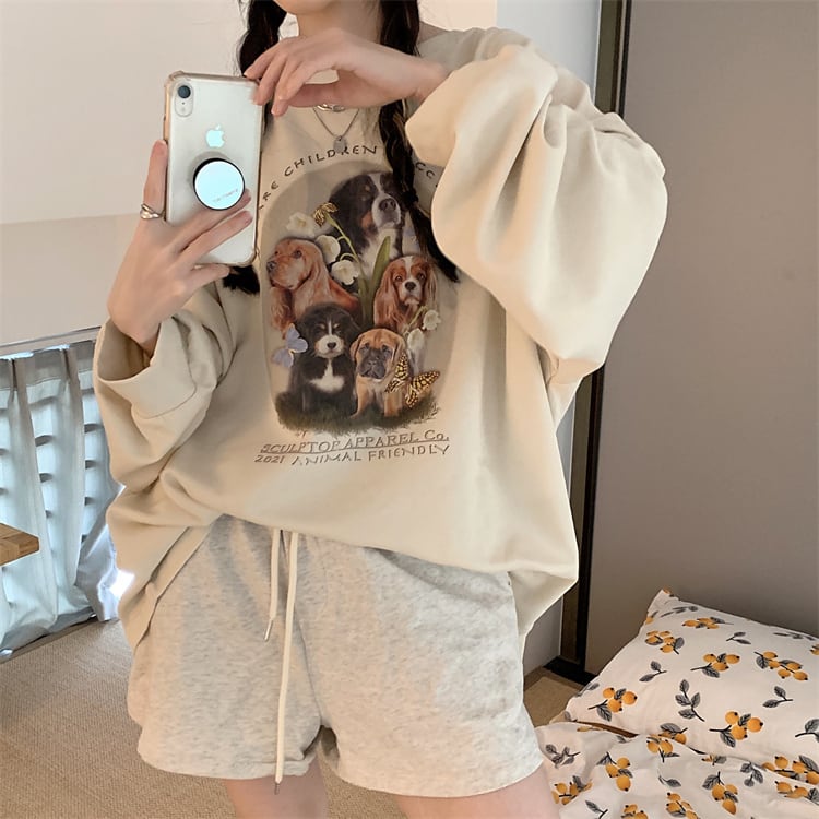 可愛い わんこ トップス オーバーサイズ ドッグ プリント スウェット プルオーバー 犬 いぬ アニマル 古着 女子 韓国 カジュアル Lamitte Deco トレンド 韓国ファッション ショップ Base店
