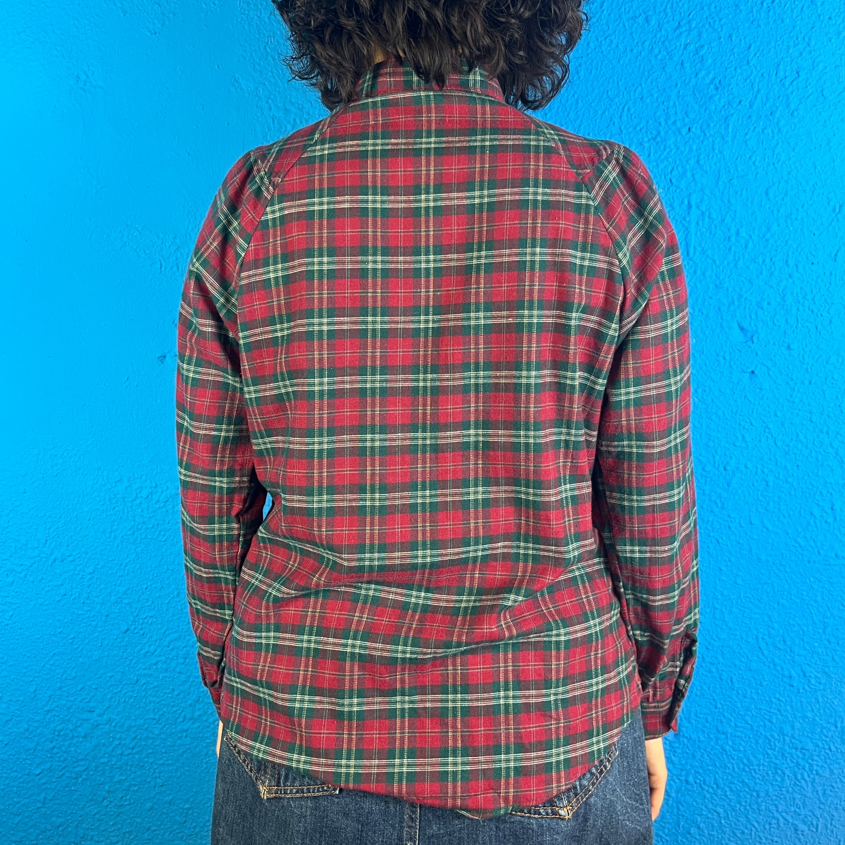 Lady's】70s Sears Red and Green Checked Collarless Blouse