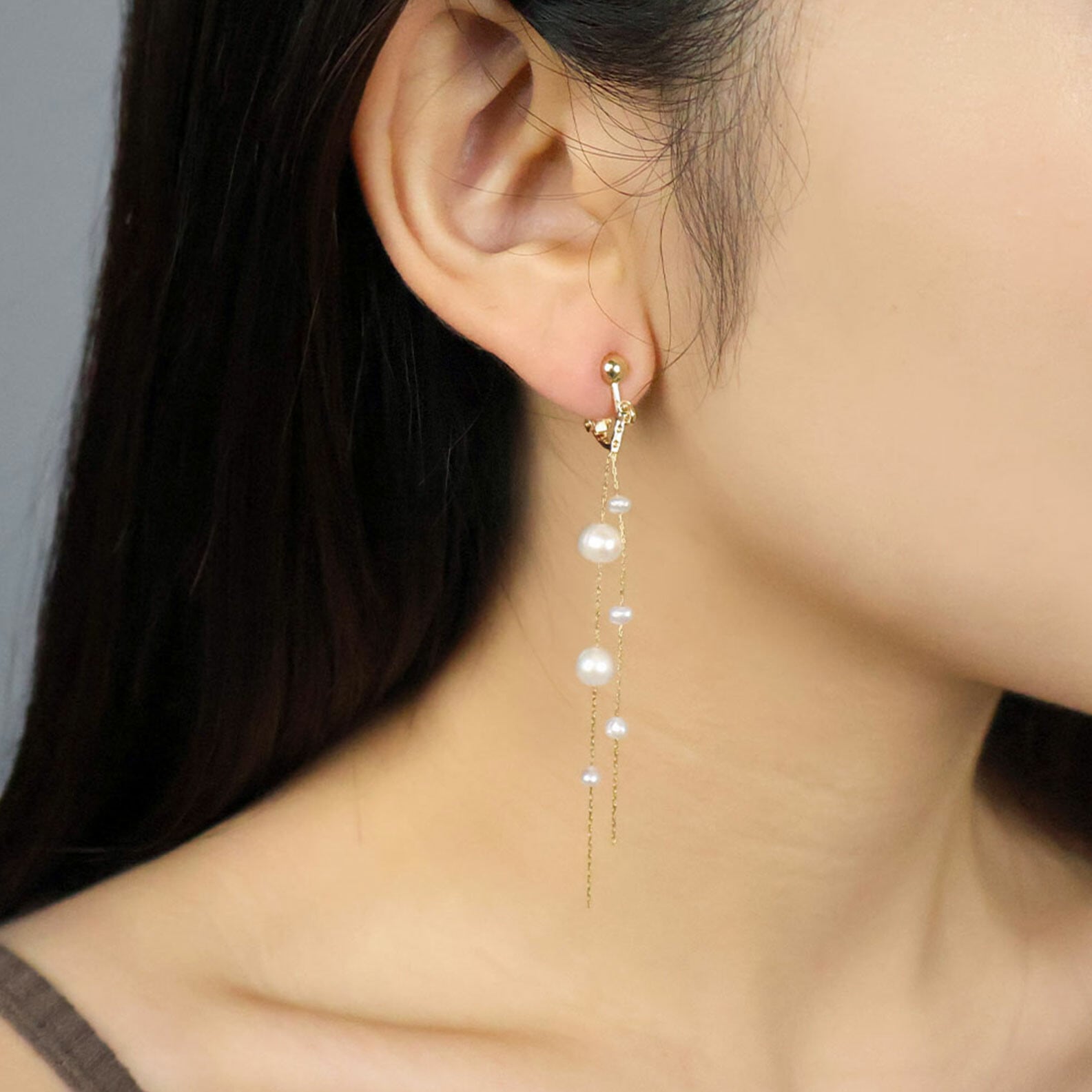 淡水パール　2連　ロングチェーン　ドロップイヤリング　スウィング　アクセサリー　華奢　韓国製