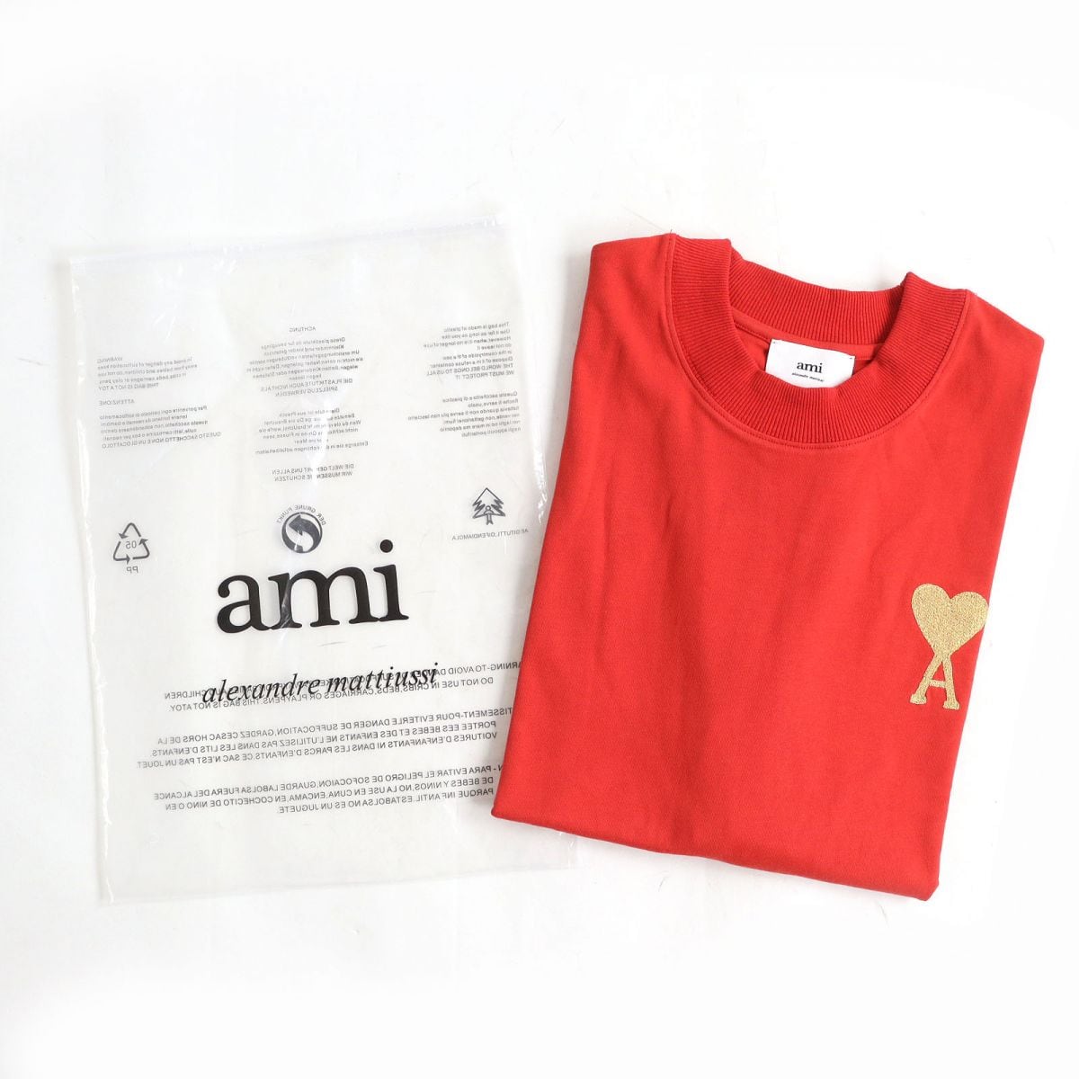 未使用△AMI Alexandre Mattiussi アミ アレクサンドルマテュッシ E21HJ307.760 ハートロゴ刺繍 半袖 Tシャツ カットソー メンズ レッド XL