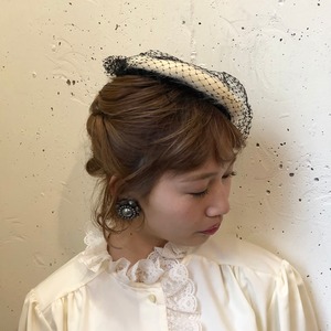 Vintage white mink × black tulle headdress