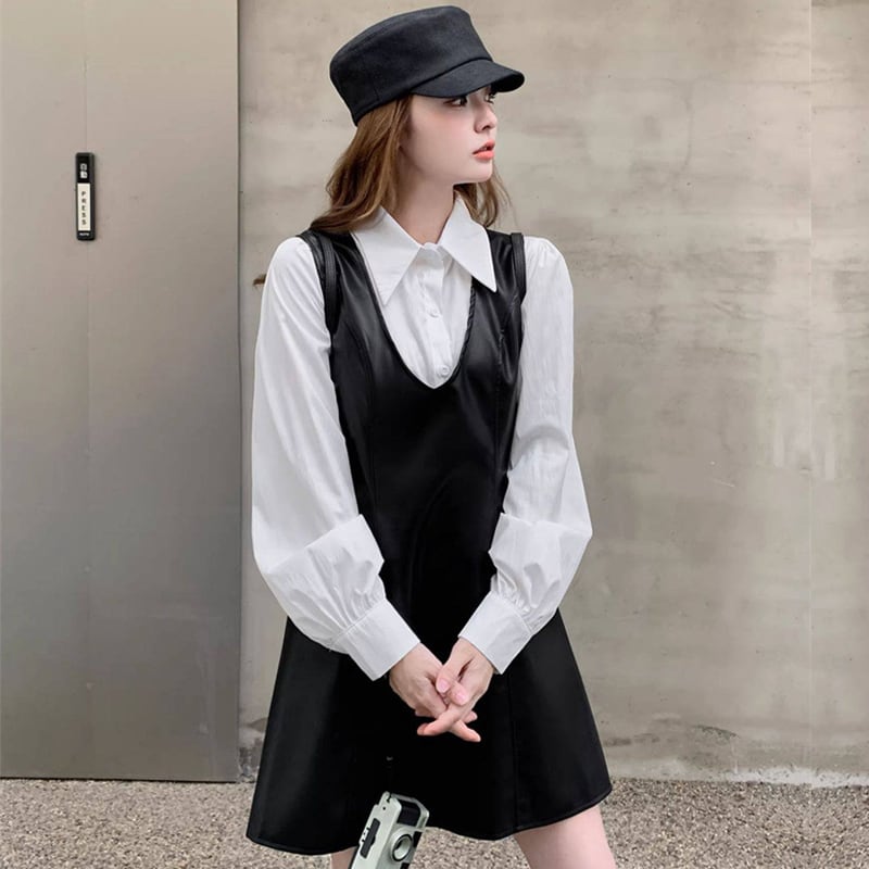 【set】シャツ×PUベストワンピースセット Q8285