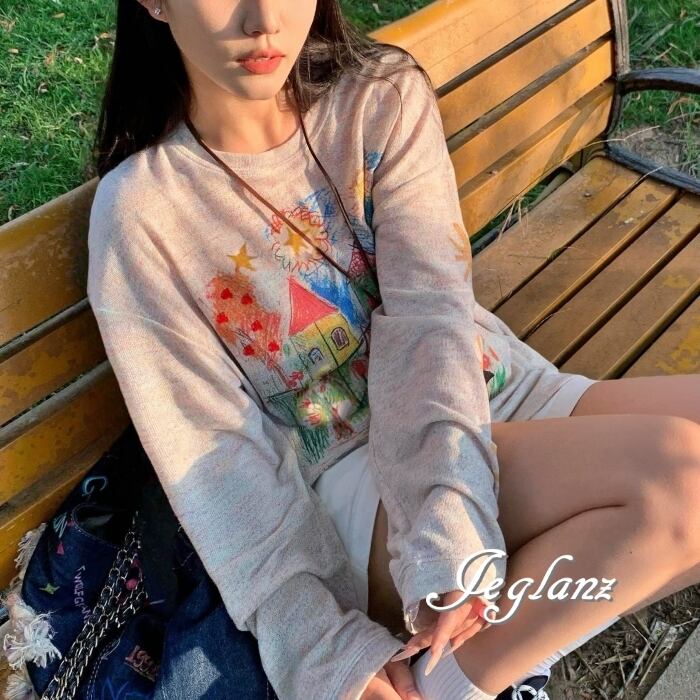 ロングティ 長袖 手描き風 メルヘン デザイン ユニセックス 韓国(MD808)λ