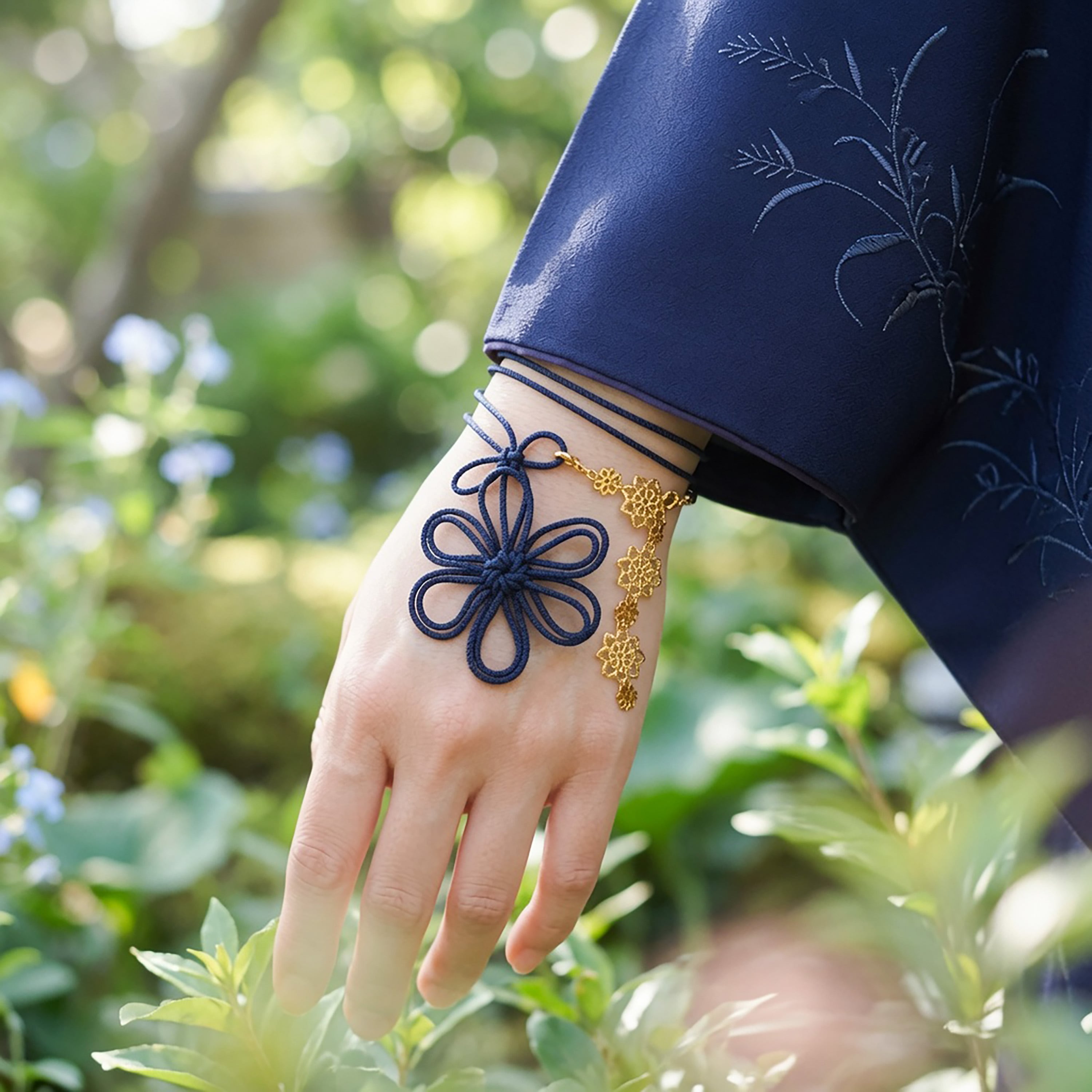 飾り結びブレスレット「怜悧の花」【和風・2重巻】浴衣や着物、洋装にも。