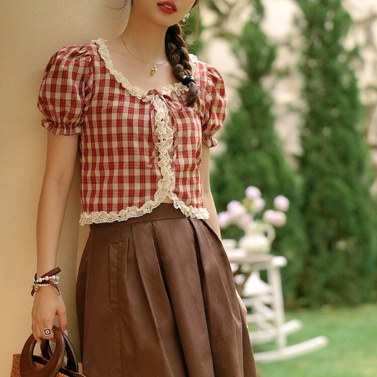 ギンガムチェック 半袖パフスリーブ ボウタイブラウス 00237