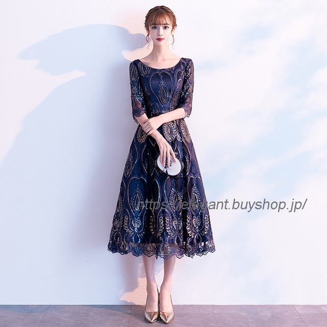 パーティードレス ロングワンピース ロングドレス 二次会 結婚式 演奏会 宴会 イブニングドレス ラウンドネック 五分袖 ロング丈 大きいサイズ XS S M L LL 3L 4L ネイビー