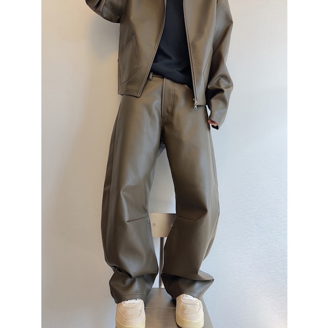 dannyandzeeオリーブグリーンPUレザーカーブパンツ