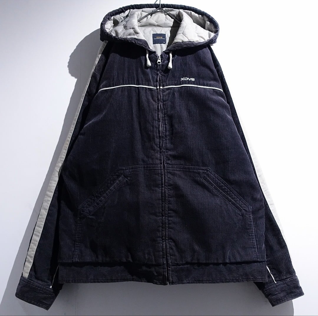 Black Corduroy Logo & Line Design Hooded Jacket