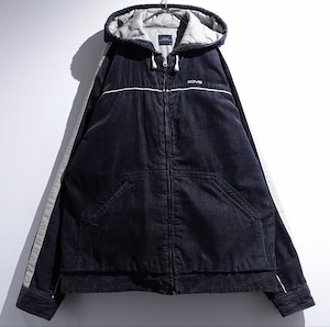 Black Corduroy Logo & Line Design Hooded Jacket