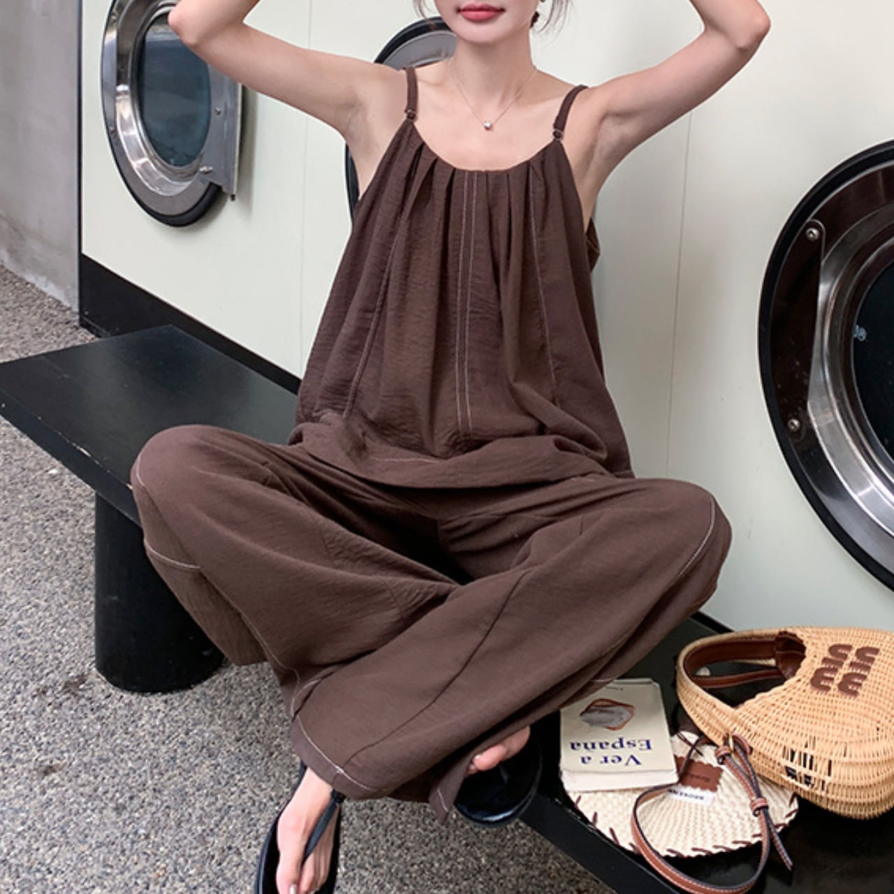 Brown camisole & wide pants set S1171