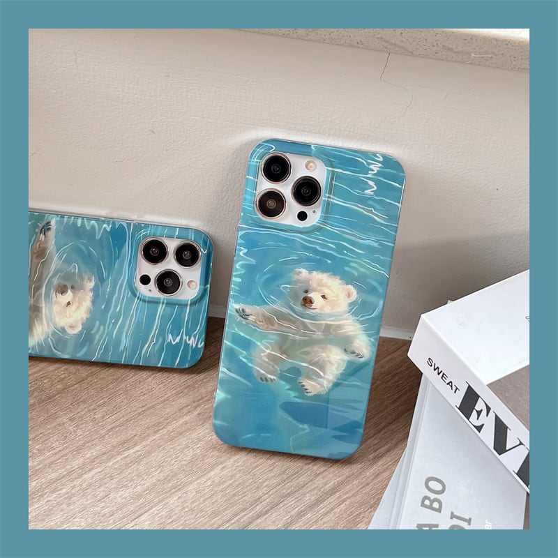 ぷかぷか可愛い◎泳ぐ白くま ブルー 韓国っぽ イラスト カメラ保護フレーム かわいい テディベア プリント スマホケース ND-15518