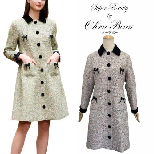 スーパービューティー ロングジャケット ミックスツイード  ベロア 2327012 ピンク 2023年秋冬 オーラボー 大人かわいい服 ミセス 大人スタイル キレイメ レディース アパレル 女性 30代 40代 50代 60代 服