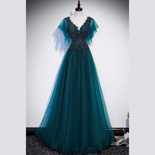 Vネック ダークグリーンドレスHR 1172