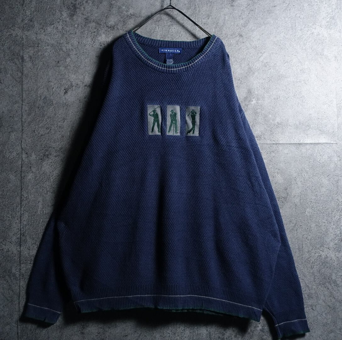 Navy Golfer Motif Embroidered Design Cotton Knit