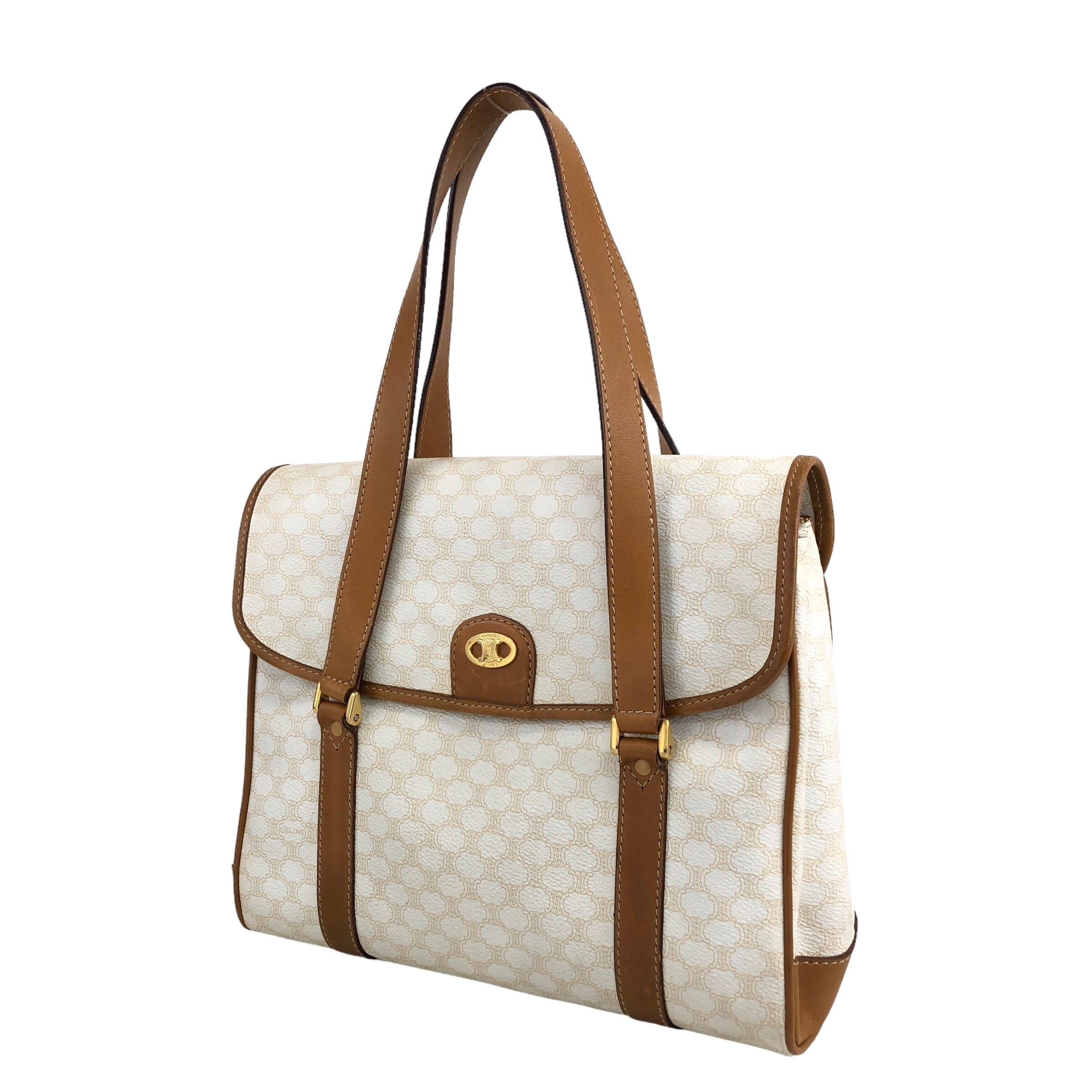 CELINE セリーヌ マカダム ホワイト ショルダー ボストン ハンド バッグ CELINE セリーヌ マカダム ハンドバッグ ホワイト ブラゾン型押し PVC